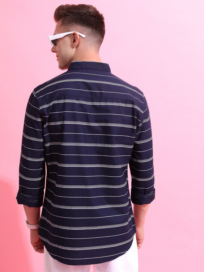 Highlander Men Navy/White Striped Slim Fit Casual Shirt - Navy Blue - Image 3