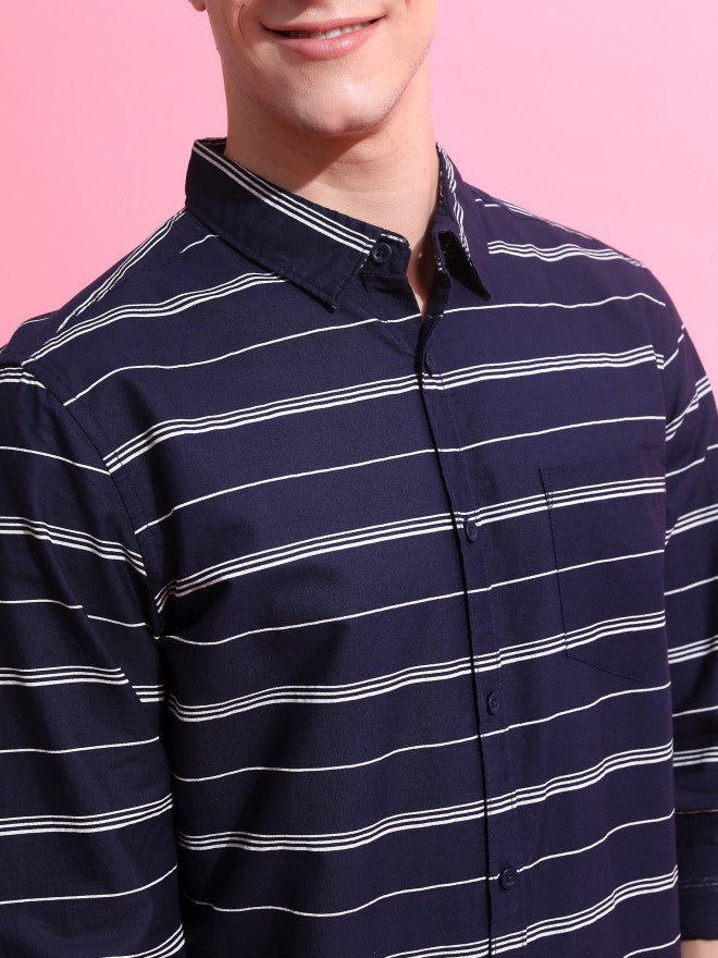 Highlander Men Navy/White Striped Slim Fit Casual Shirt - Navy Blue - Image 5