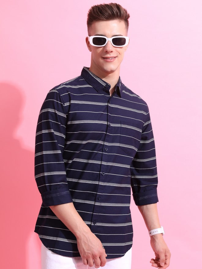 Highlander Men Navy/White Striped Slim Fit Casual Shirt - Navy Blue - Image 6
