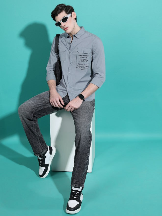 Highlander Men Light Grey Printed Slim Fit Casual Shirt - Grey - Image 2