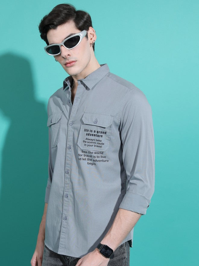 Highlander Men Light Grey Printed Slim Fit Casual Shirt - Grey - Image 4