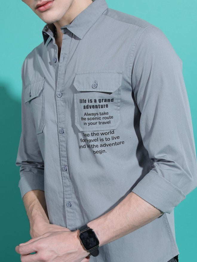 Highlander Men Light Grey Printed Slim Fit Casual Shirt - Grey - Image 5