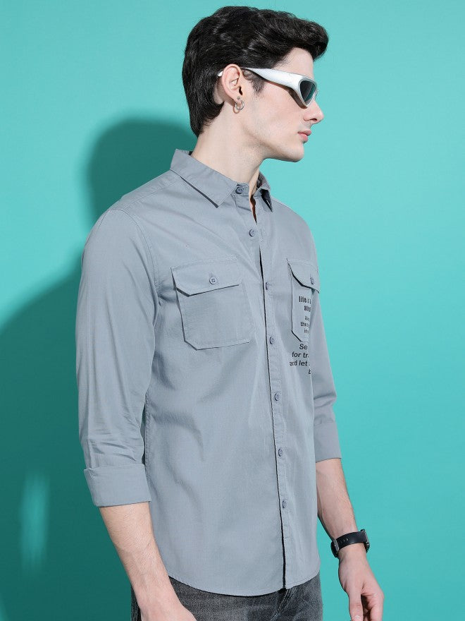 Highlander Men Light Grey Printed Slim Fit Casual Shirt - Grey - Image 6