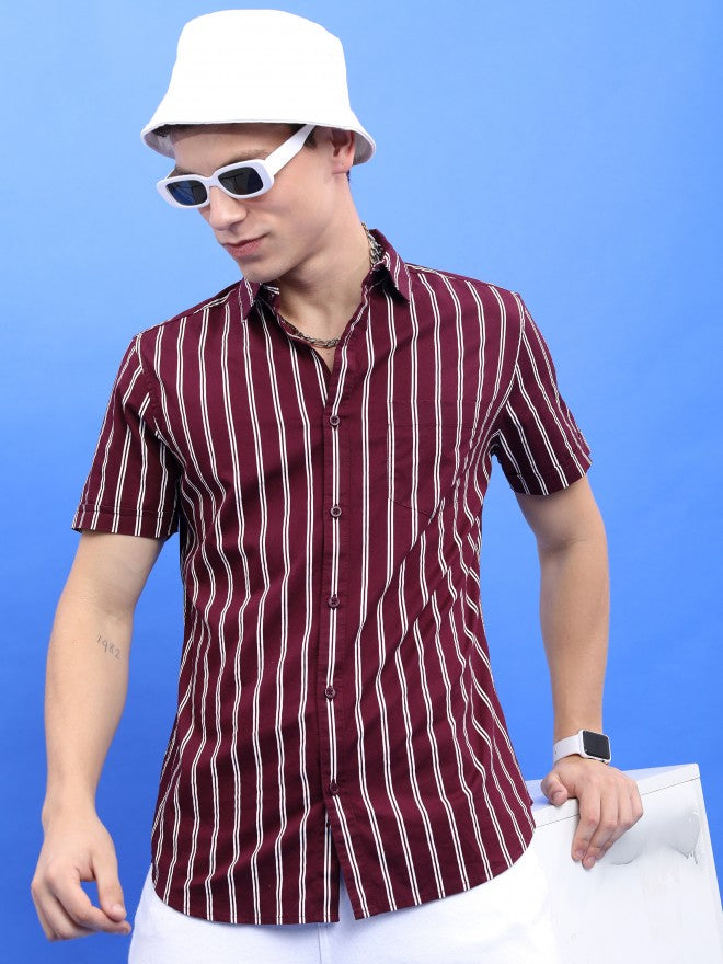 Highlander Men Burgundy Striped Slim Fit TCasual Shirt - Burgundy - Image 1
