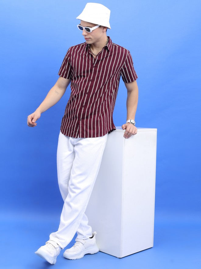 Highlander Men Burgundy Striped Slim Fit TCasual Shirt - Burgundy - Image 2