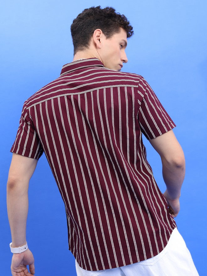 Highlander Men Burgundy Striped Slim Fit TCasual Shirt - Burgundy - Image 3