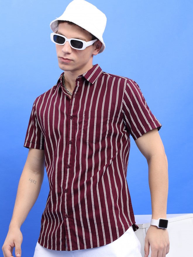 Highlander Men Burgundy Striped Slim Fit TCasual Shirt - Burgundy - Image 4