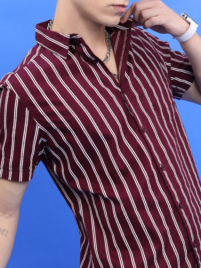 Highlander Men Burgundy Striped Slim Fit TCasual Shirt - Burgundy - Image 5