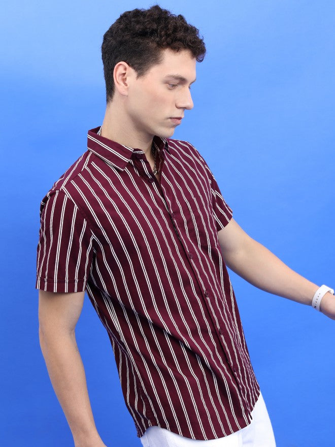 Highlander Men Burgundy Striped Slim Fit TCasual Shirt - Burgundy - Image 6