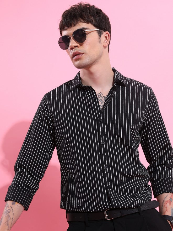 Highlander Men Black Striped Slim Fit Casual Shirt - Black - Image 1