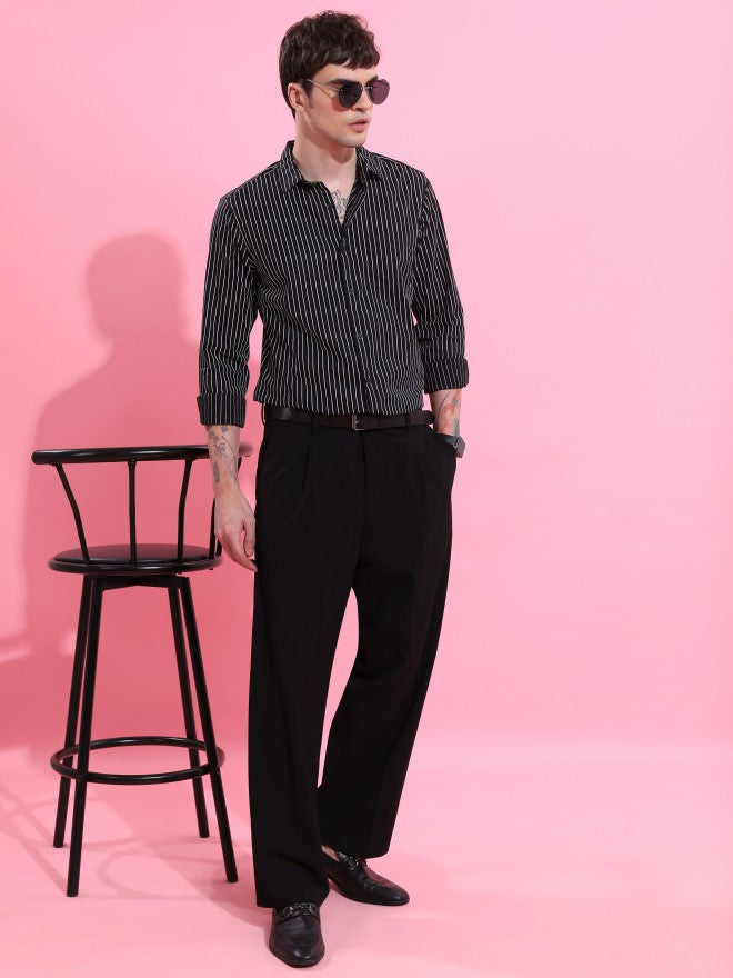 Highlander Men Black Striped Slim Fit Casual Shirt - Black - Image 2