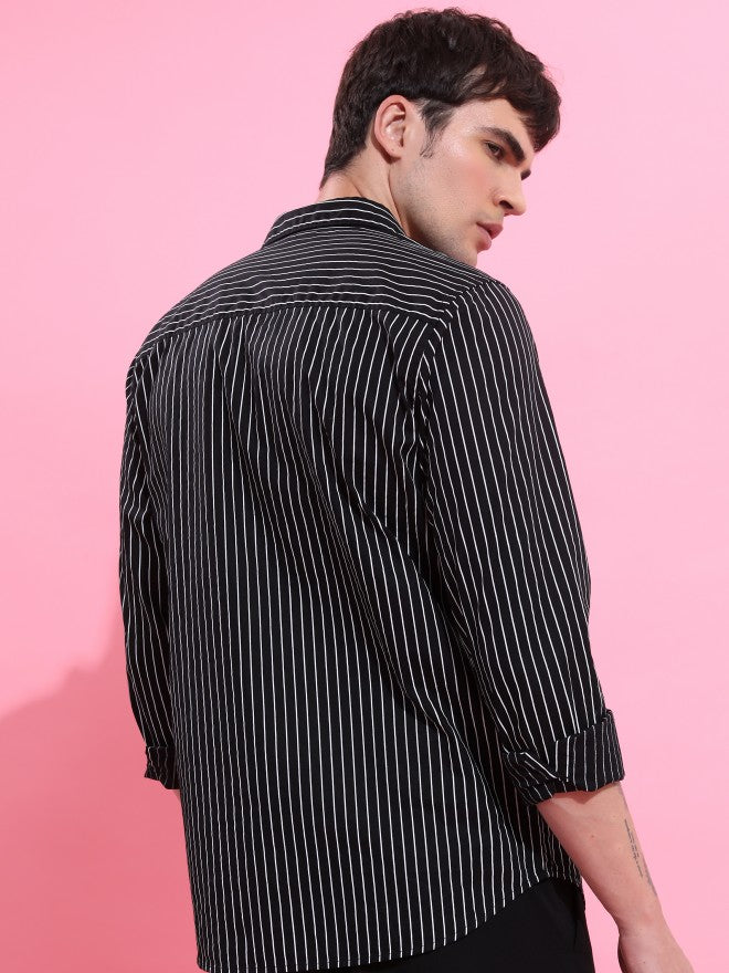 Highlander Men Black Striped Slim Fit Casual Shirt - Black - Image 3