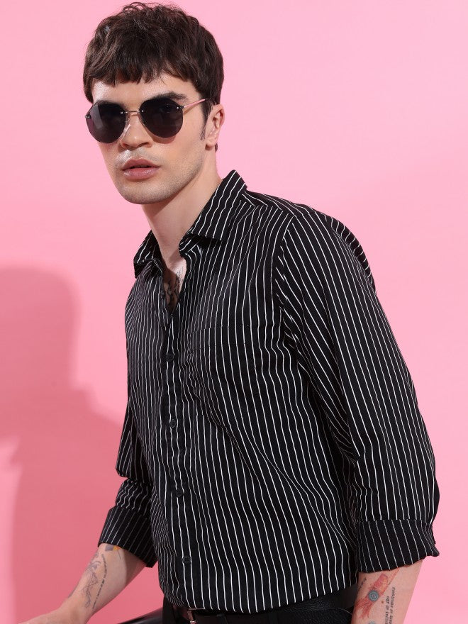 Highlander Men Black Striped Slim Fit Casual Shirt - Black - Image 4