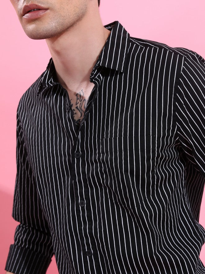 Highlander Men Black Striped Slim Fit Casual Shirt - Black - Image 5