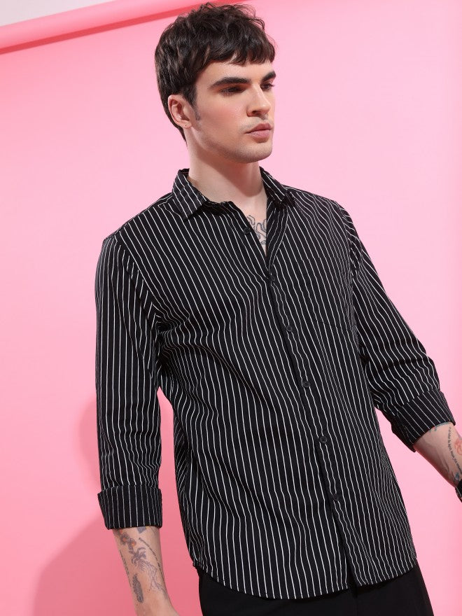 Highlander Men Black Striped Slim Fit Casual Shirt - Black - Image 6