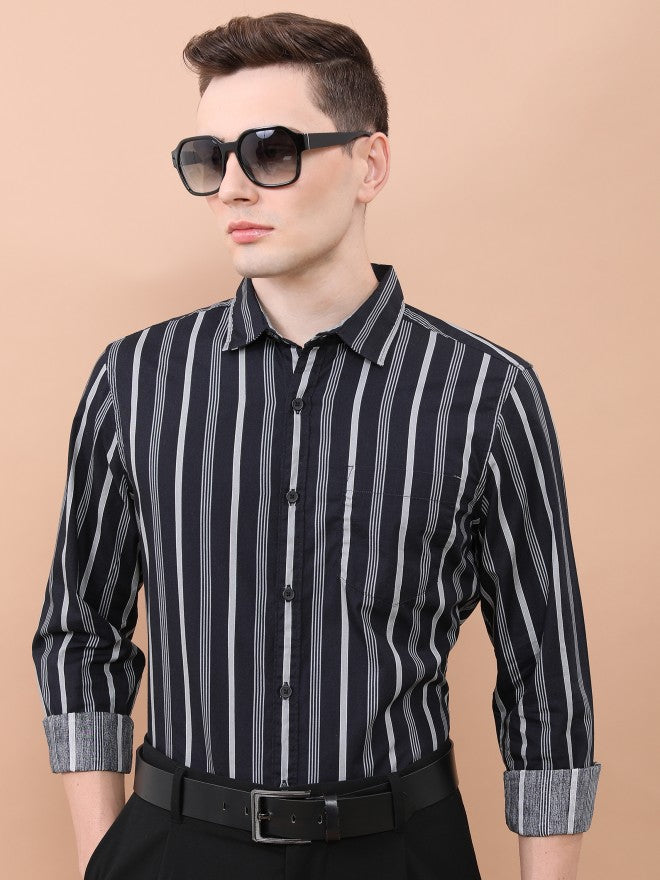 Highlander Men Black/Grey Striped Slim Fit TCasual Shirt - Black - Image 1