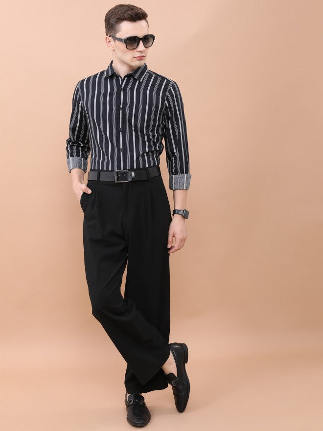 Highlander Men Black/Grey Striped Slim Fit TCasual Shirt - Black - Image 2