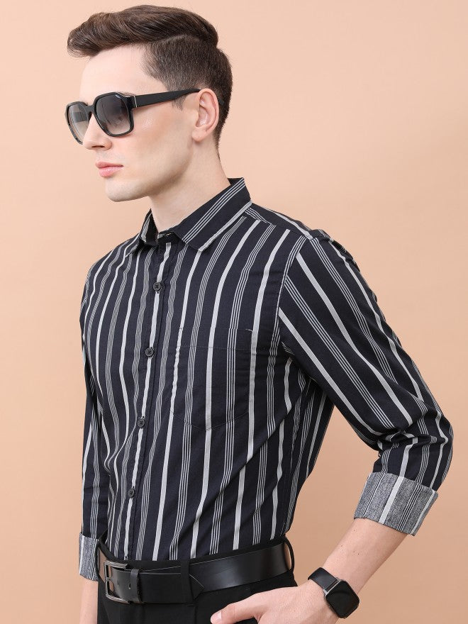 Highlander Men Black/Grey Striped Slim Fit TCasual Shirt - Black - Image 4