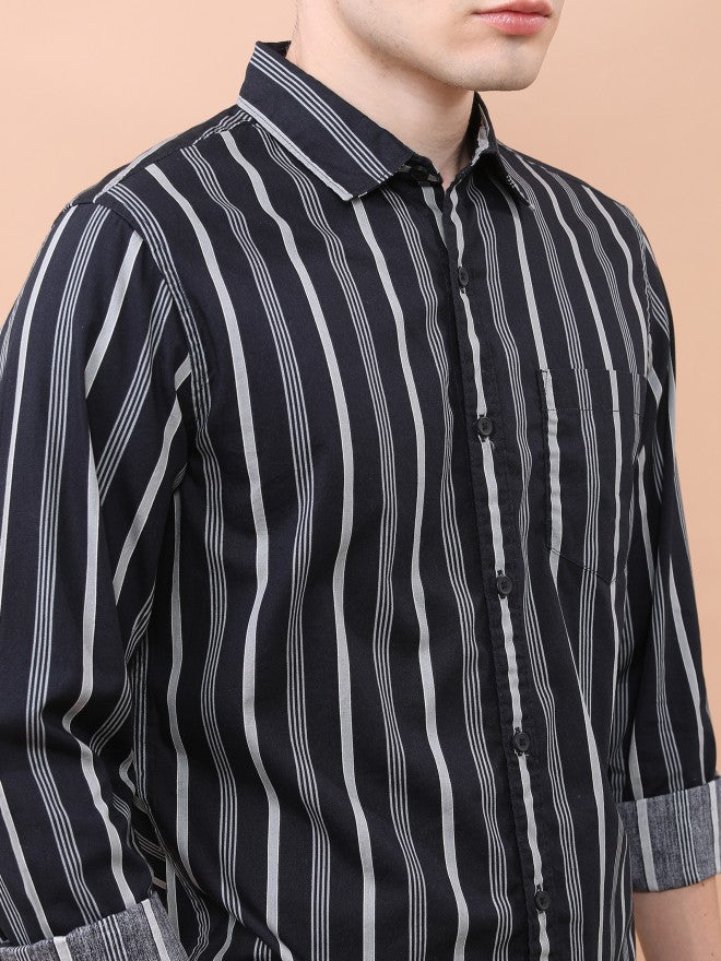 Highlander Men Black/Grey Striped Slim Fit TCasual Shirt - Black - Image 5