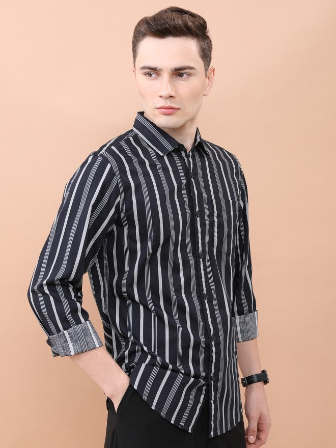 Highlander Men Black/Grey Striped Slim Fit TCasual Shirt - Black - Image 6