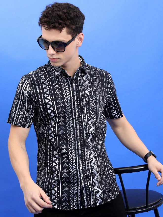 Highlander Men Black Printed Slim Fit Casual Shirt - Black - Image 1
