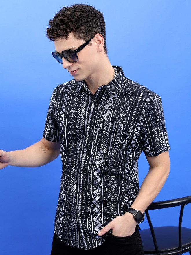 Highlander Men Black Printed Slim Fit Casual Shirt - Black - Image 4