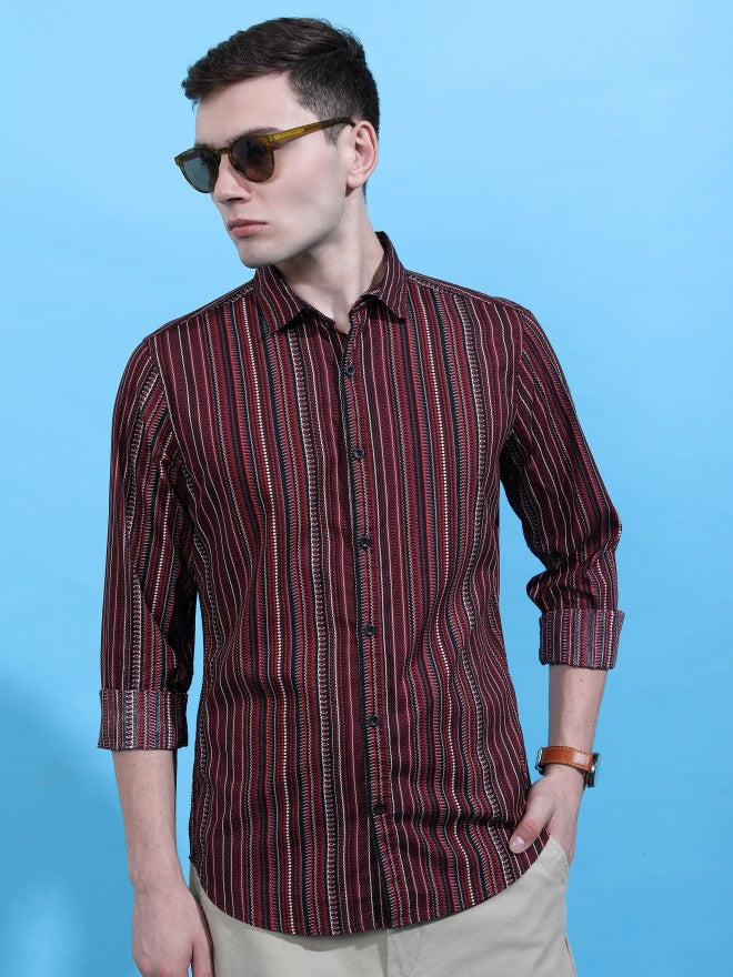 Highlander Men Black/Red Striped Slim Fit Casual Shirt - Black - Image 1
