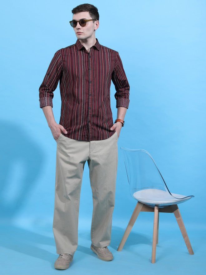 Highlander Men Black/Red Striped Slim Fit Casual Shirt - Black - Image 2
