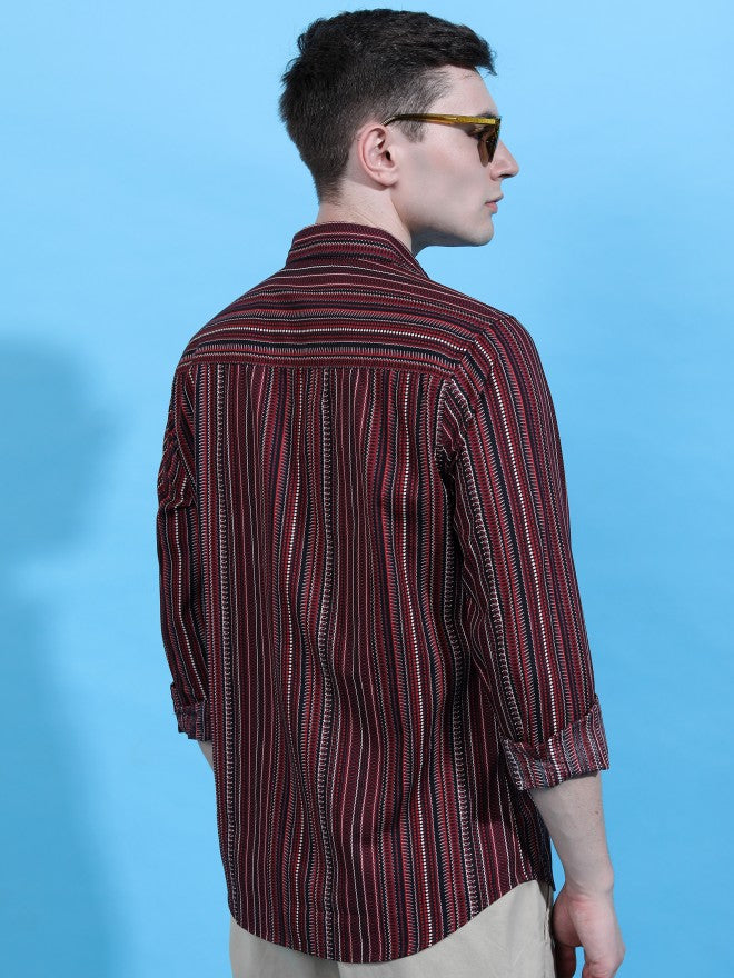 Highlander Men Black/Red Striped Slim Fit Casual Shirt - Black - Image 3