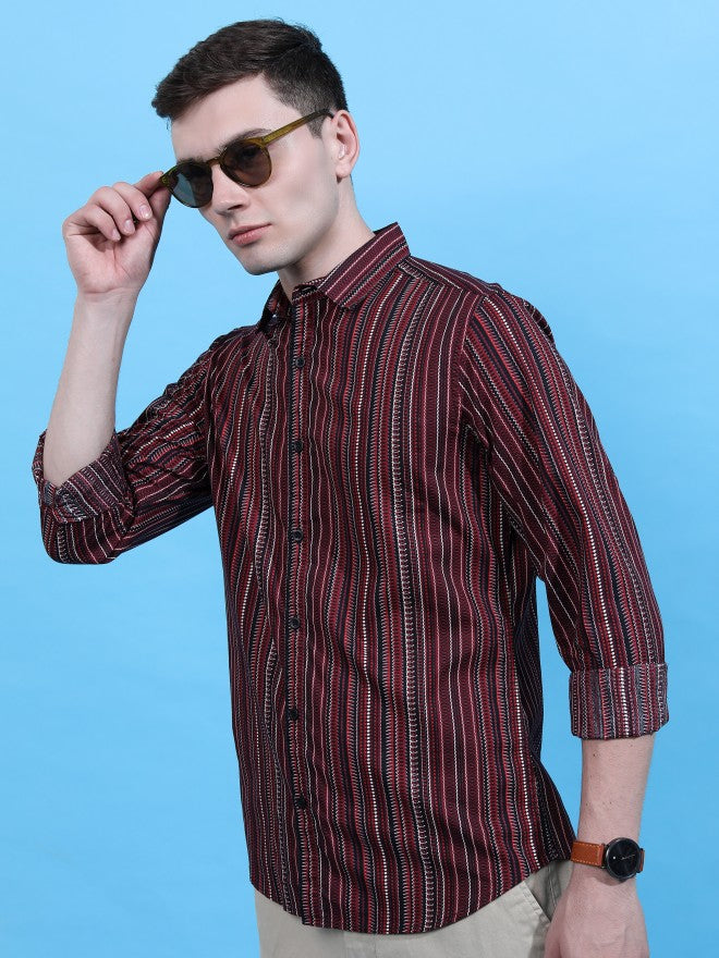 Highlander Men Black/Red Striped Slim Fit Casual Shirt - Black - Image 4