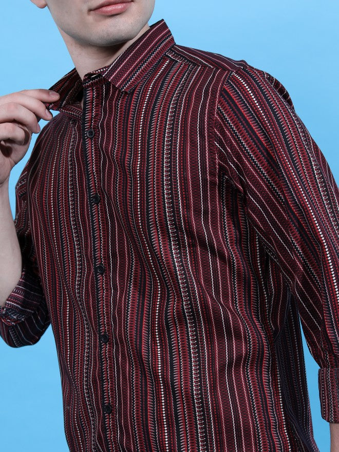 Highlander Men Black/Red Striped Slim Fit Casual Shirt - Black - Image 5