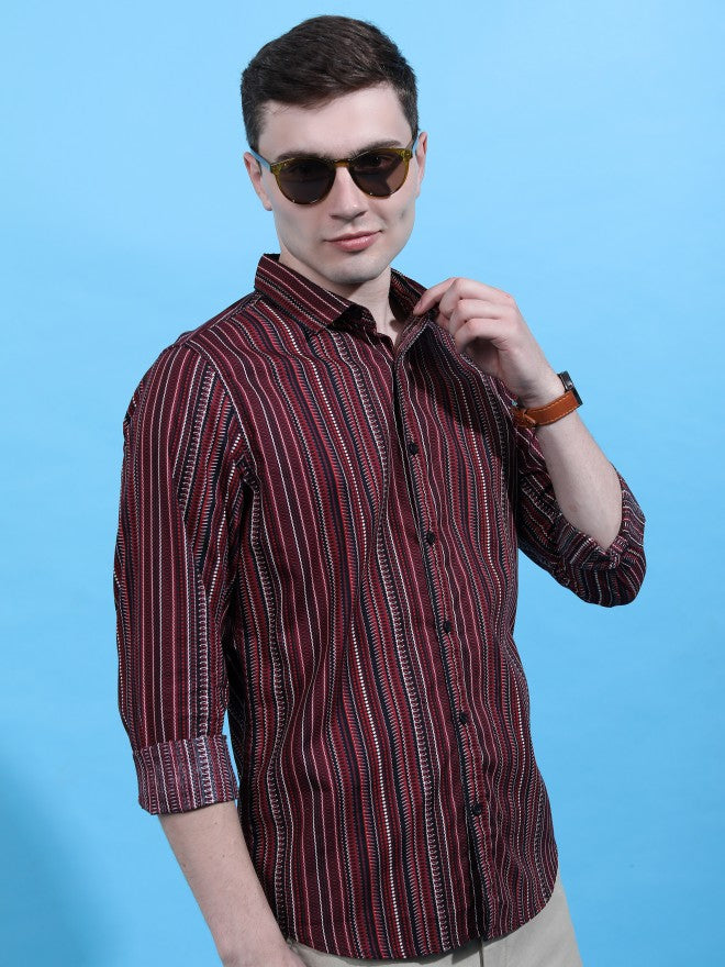 Highlander Men Black/Red Striped Slim Fit Casual Shirt - Black - Image 6