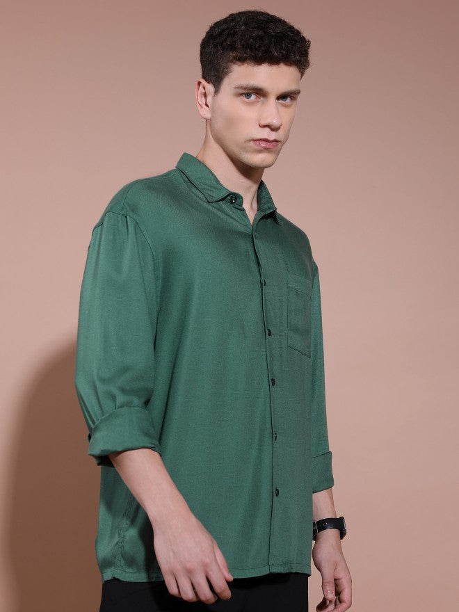 Highlander Men Dark Green Solid Oversized Fit Casual Shirt - Green - Image 6