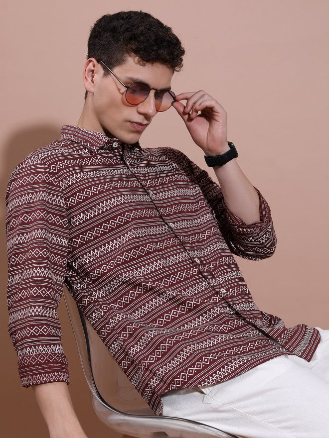 Highlander Men Maroon Printed Slim Fit Casual Shirt - Maroon - Image 1