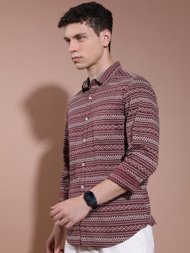 Highlander Men Maroon Printed Slim Fit Casual Shirt - Maroon - Image 4