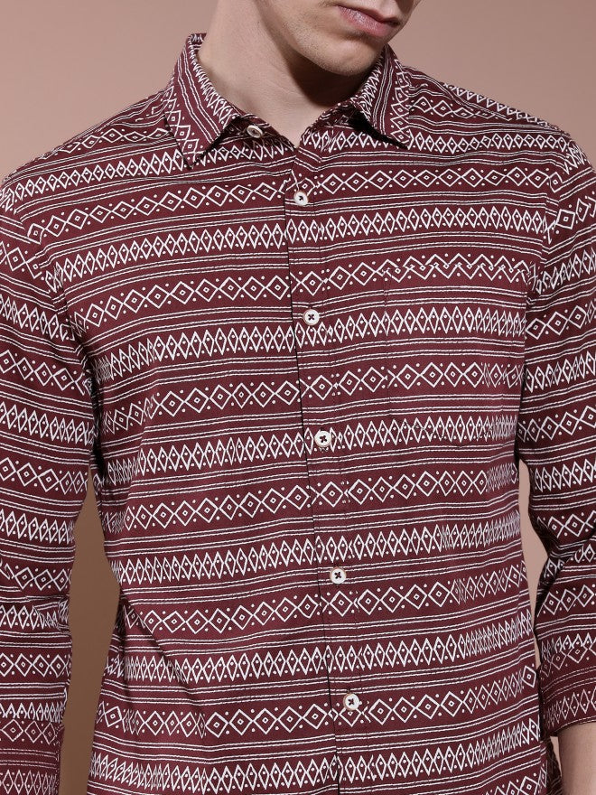Highlander Men Maroon Printed Slim Fit Casual Shirt - Maroon - Image 5