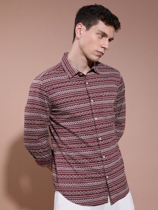 Highlander Men Maroon Printed Slim Fit Casual Shirt - Maroon - Image 6