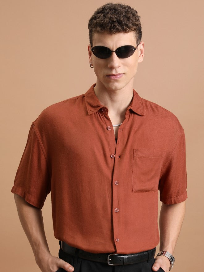 Highlander Men Rust Solid Oversized Fit Casual Shirt - Rust - Image 1