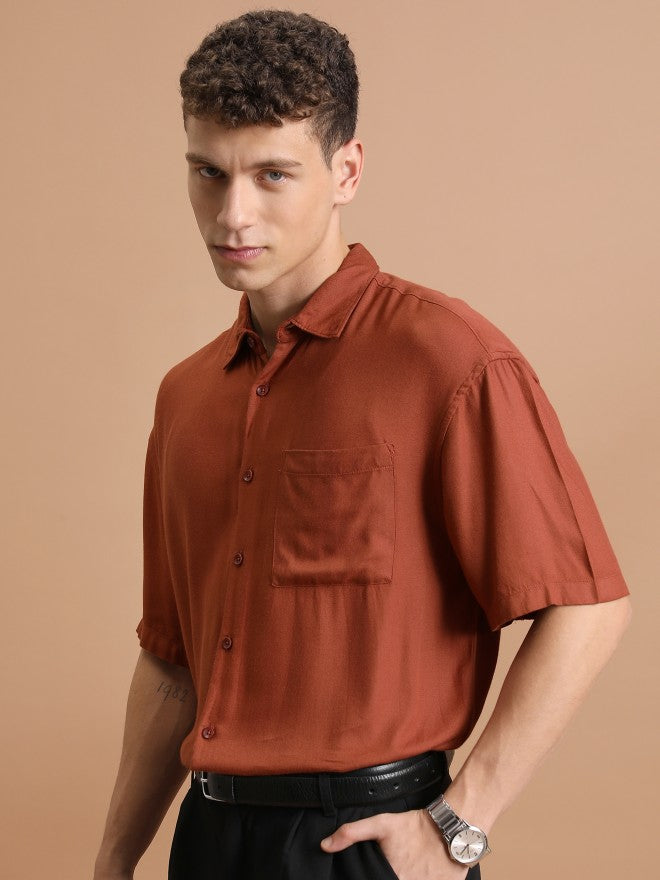 Highlander Men Rust Solid Oversized Fit Casual Shirt - Rust - Image 4