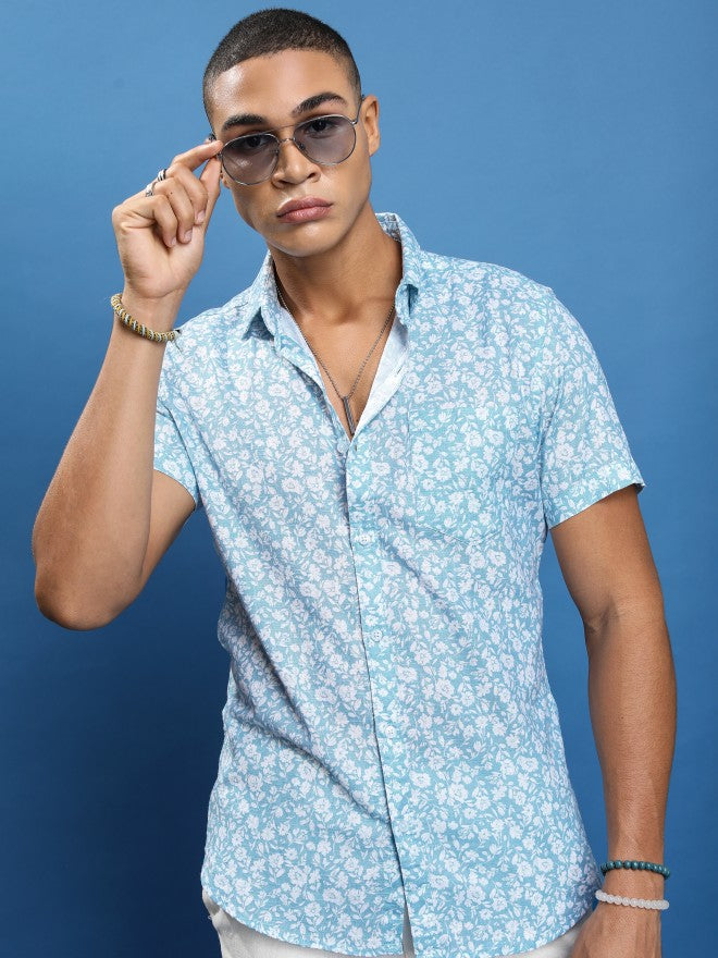 Highlander Men Light Blue Printed Slim Fit Casual Shirt - Blue - Image 1