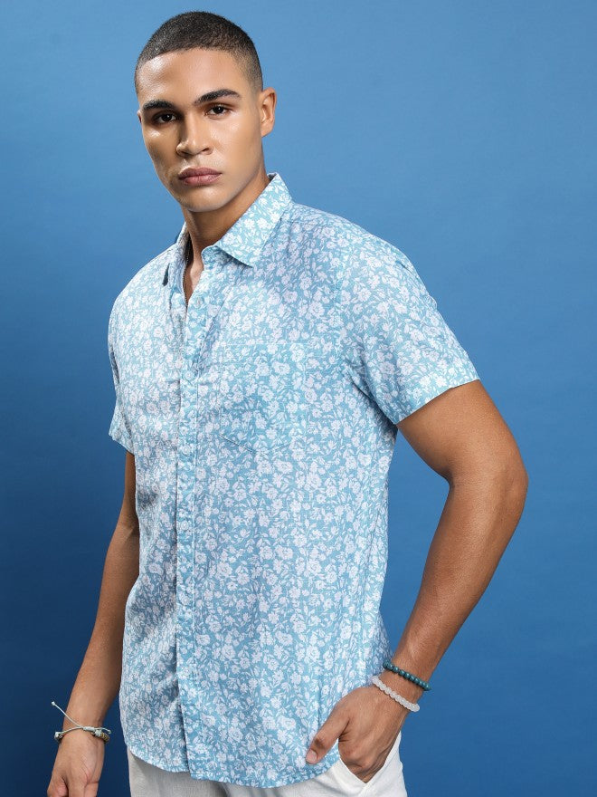 Highlander Men Light Blue Printed Slim Fit Casual Shirt - Blue - Image 4