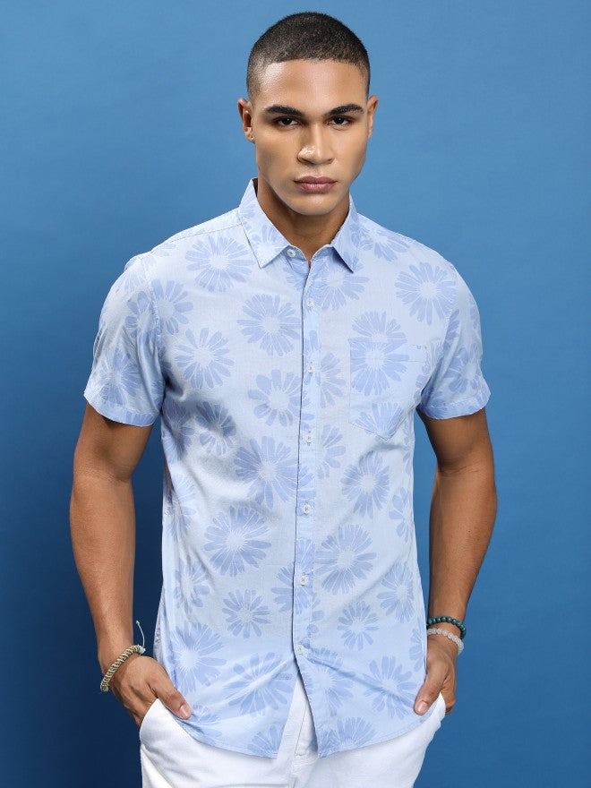 Highlander Men Blue Printed Slim Fit Casual Shirt - Blue - Image 1