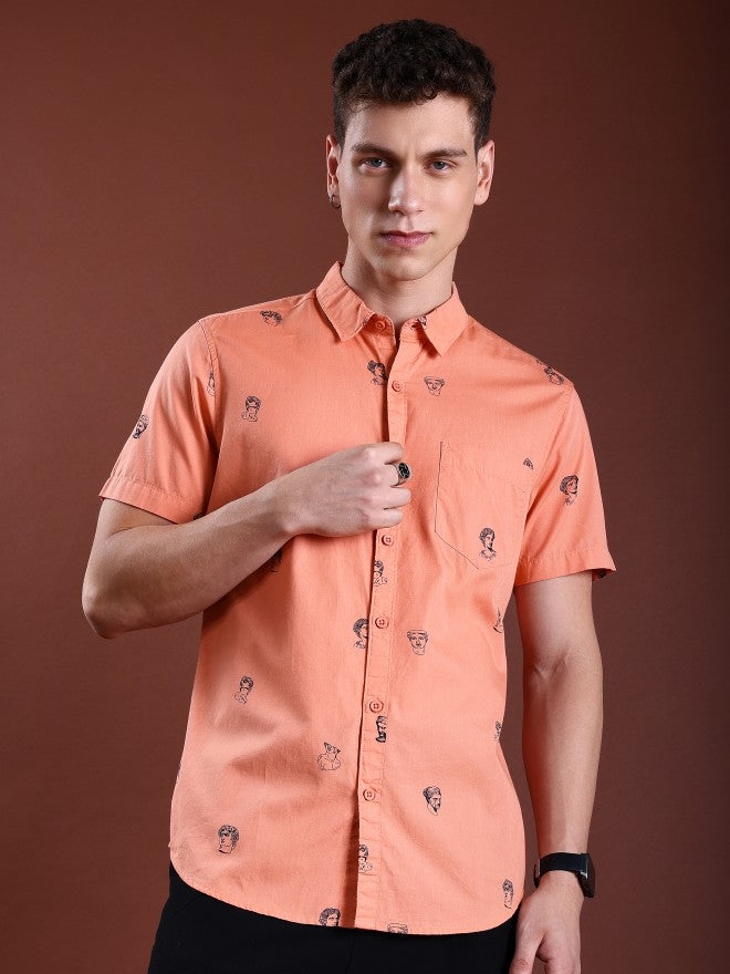 Highlander Men Orange Printed Slim Fit Casual Shirt - Orange - Image 1
