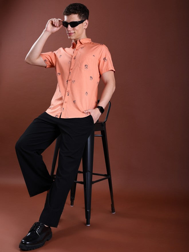 Highlander Men Orange Printed Slim Fit Casual Shirt - Orange - Image 2