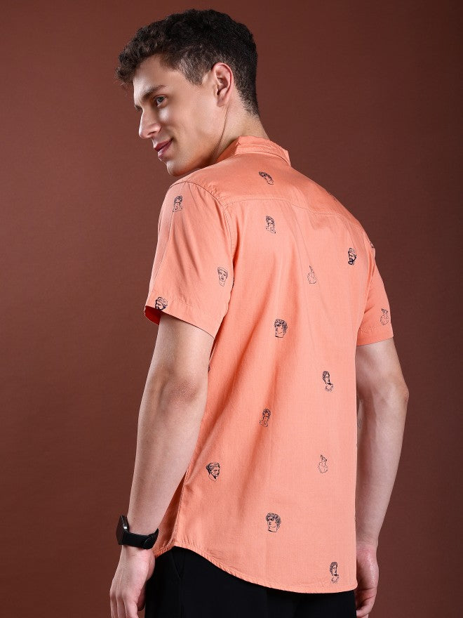 Highlander Men Orange Printed Slim Fit Casual Shirt - Orange - Image 3