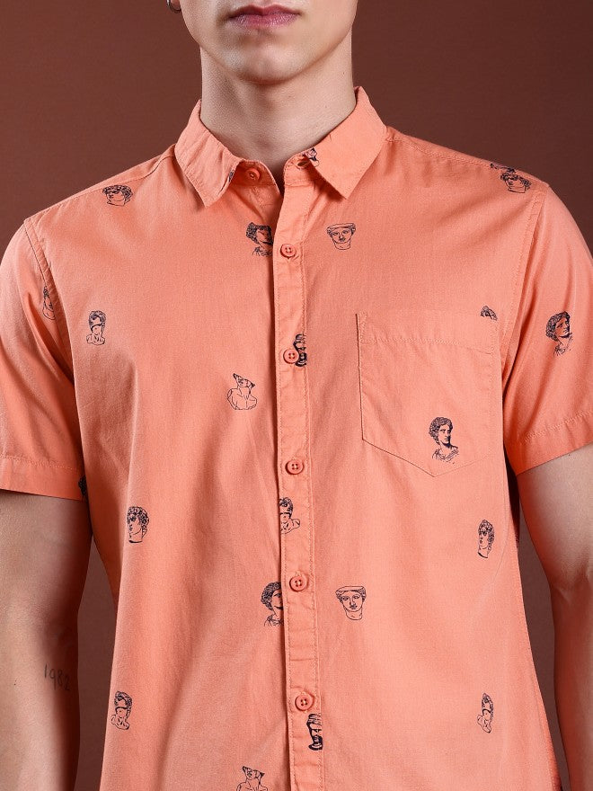 Highlander Men Orange Printed Slim Fit Casual Shirt - Orange - Image 5