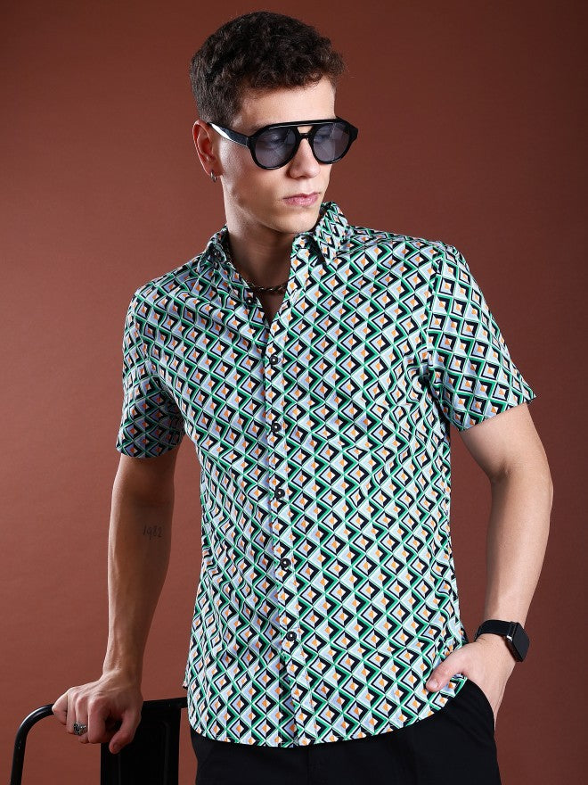 Highlander Men Green Printed Slim Fit Casual Shirt - Green - Image 1