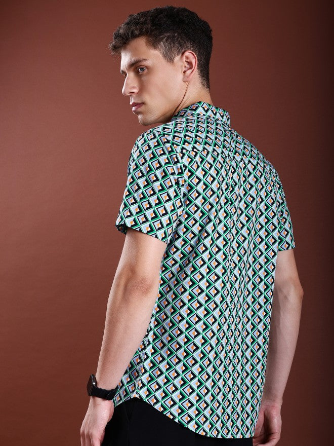 Highlander Men Green Printed Slim Fit Casual Shirt - Green - Image 3