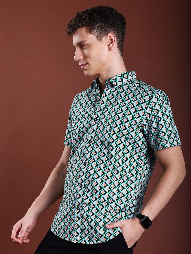 Highlander Men Green Printed Slim Fit Casual Shirt - Green - Image 4