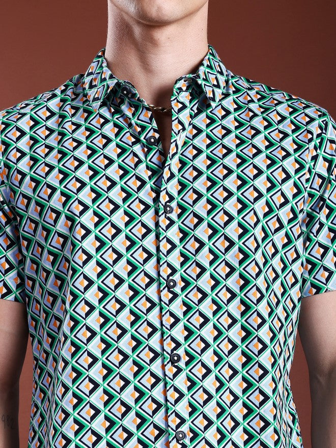 Highlander Men Green Printed Slim Fit Casual Shirt - Green - Image 5